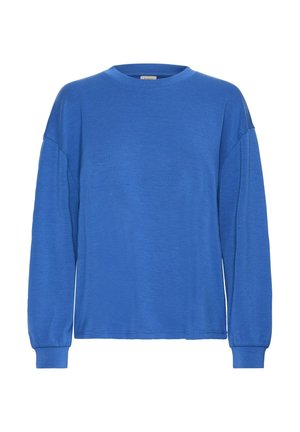 Modrá košile s dlouhým rukávem a kulatým výstřihem, volného střihu, s jemnou texturou a žebrovanými manžetami. Ideální pro každodenní nošení.