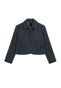 Cropped jacket in dark blue woven fabric with a textured surface, featuring a pointed collar and two front patch pockets.