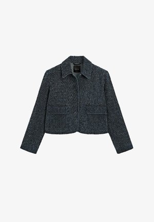 Cropped jacket in dark blue woven fabric with a textured surface, featuring a pointed collar and two front patch pockets.
