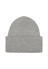 Berretto a maglia grigio con texture a coste, dotato di risvolto, progettato per il calore e una vestibilità aderente.
