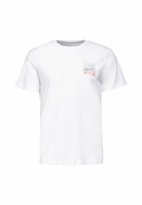 Bílé bavlněné tričko s krátkým rukávem, které má malý grafický design kapsy v jemných pastelových barvách na levé straně hrudníku.