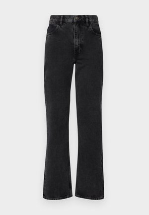 Svarte denim flared jeans med høy midje, synlig søm, fem-lommer design og klassisk knappelukking. Myk tekstur og strukturert passform.