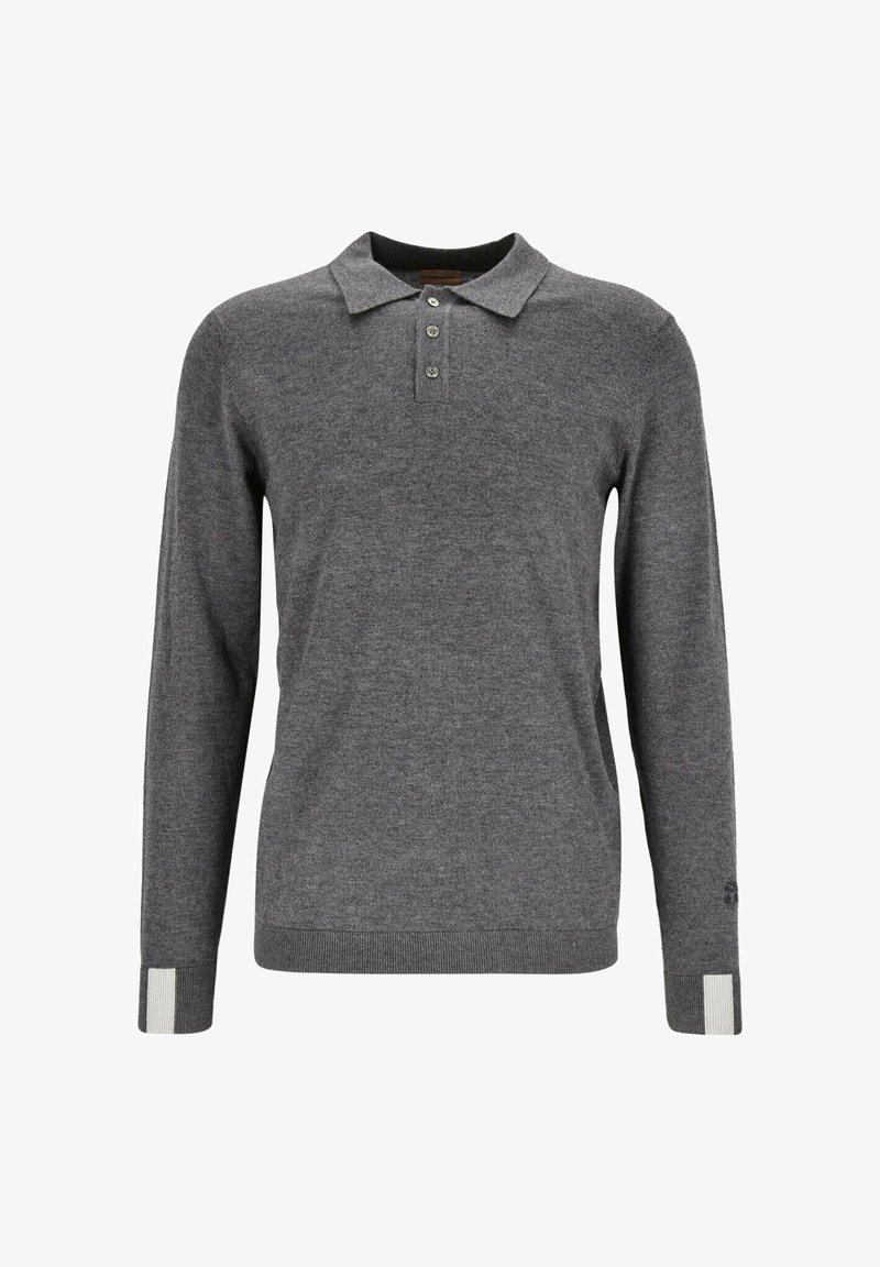Polo de manga larga gris oscuro con tres botones, puños acanalados con rayas gris claro y un dobladillo acanalado.