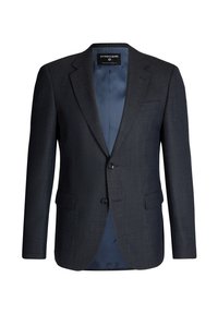 Donkerblauwe blazer van een gestructureerde stof, enkelrijks ontwerp, met twee knopen en een zak aan de linkerkant. Satijnen voering aan de binnenkant.