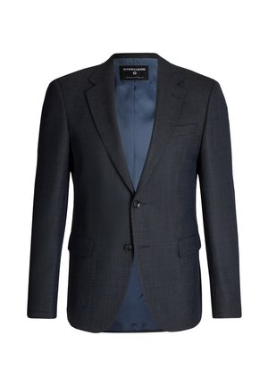 Donkerblauwe blazer van een gestructureerde stof, enkelrijks ontwerp, met twee knopen en een zak aan de linkerkant. Satijnen voering aan de binnenkant.