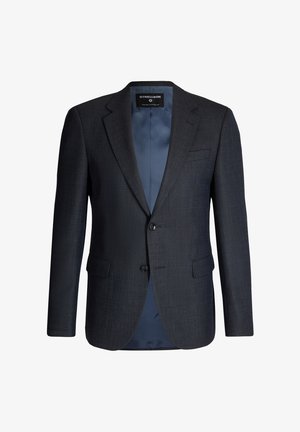 Donkerblauwe blazer van een gestructureerde stof, enkelrijks ontwerp, met twee knopen en een zak aan de linkerkant. Satijnen voering aan de binnenkant.