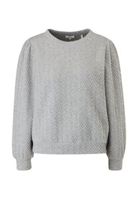 Grauer Pullover mit strukturiertem Zickzackmuster, rundem Ausschnitt und langen Ärmeln. Hat einen lässigen Schnitt und gerippte Bündchen.