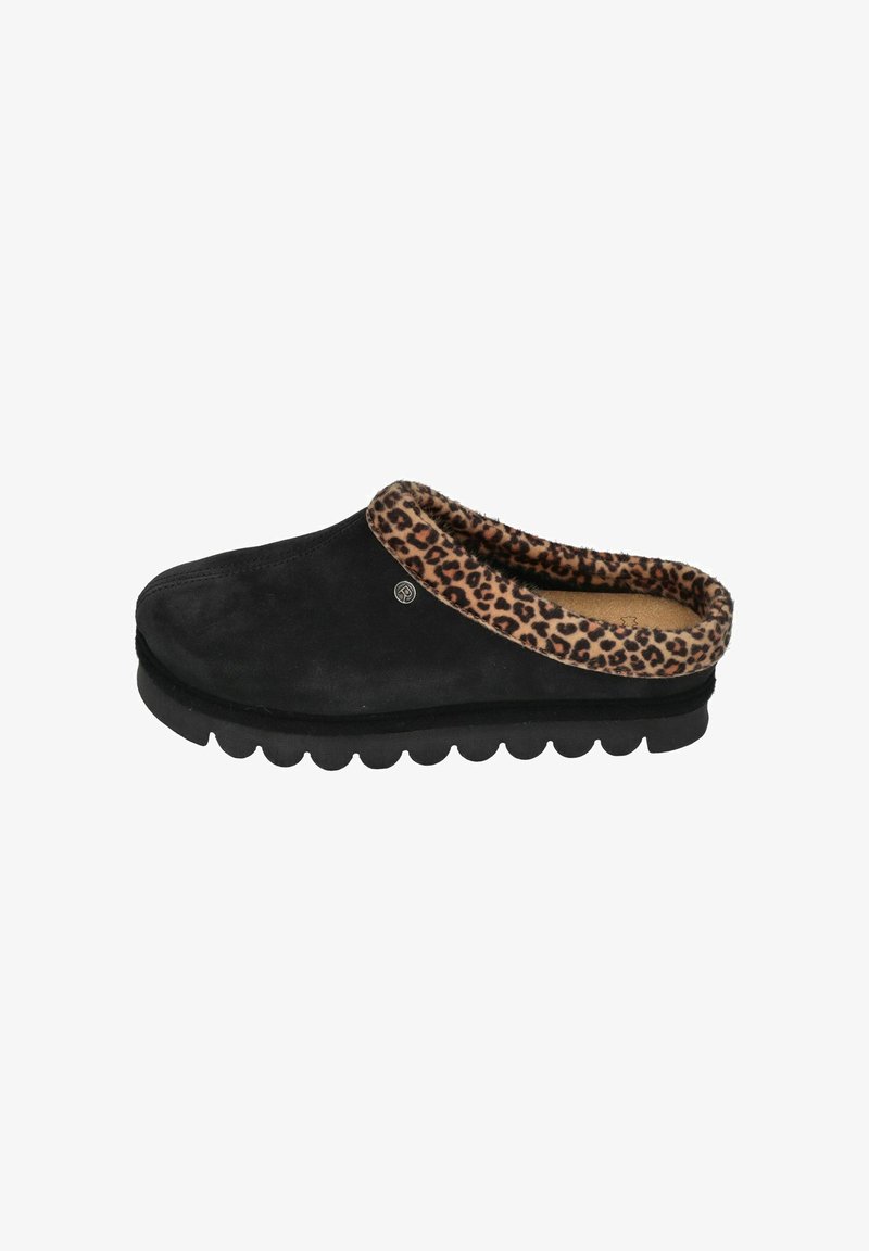 Black suede slip-on shoe with leopard print faux fur collar, cushioned insole, and rounded rubber sole featuring scalloped edges.