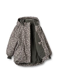 Pilkas pūkinis švarkas su gėlių raštu, gobtuvu, elastiniais rankogaliais ir priekinėmis kišenėmis. Pamuštas tamsiai žalios spalvos minkštu flisu.