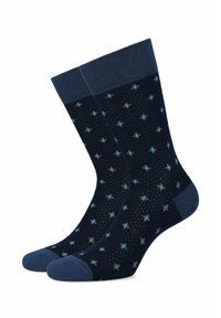 Granatowe skarpetki z jasnoniebieskimi wzorami w gwiazdki, ribbowane niebieskie mankiety i teksturowany materiał. Posiadają wzmocnioną piętę i palce.