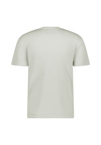 Light gray short-sleeve t-shirt made of textured fabric, featuring a round neckline and a relaxed fit. Back view shows a simple design.