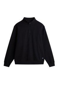 Sudadera negra de pullover hecha de un tejido suave, con un cuello alto, cremallera de cuarto y puños y dobladillo acanalados. Pequeño logotipo de la marca en la parte delantera.