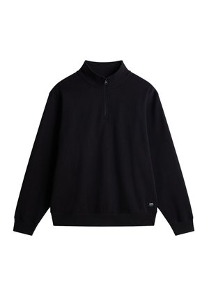 Sudadera negra de pullover hecha de un tejido suave, con un cuello alto, cremallera de cuarto y puños y dobladillo acanalados. Pequeño logotipo de la marca en la parte delantera.