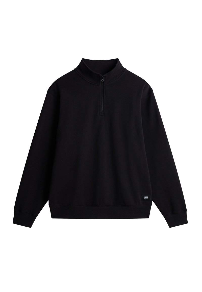 Sudadera negra de pullover hecha de un tejido suave, con un cuello alto, cremallera de cuarto y puños y dobladillo acanalados. Pequeño logotipo de la marca en la parte delantera.