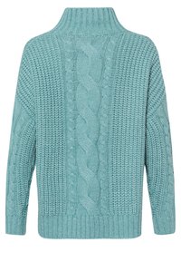Pull turquoise tricoté avec un col haut, présentant un motif torsadé à l'arrière et des côtes texturées sur les manches et l'ourlet.