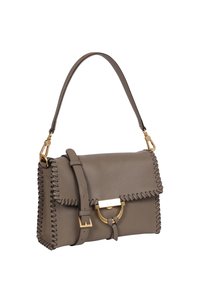 Gray leather handbag with a stitched edge, rectangular shape, gold hardware clasp, and a detachable shoulder strap.