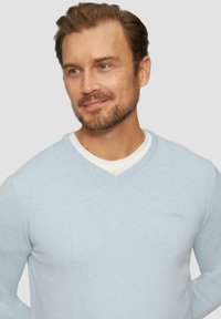 Lichtblauwe V-hals trui van zachte stof met geribde manchetten. Bevat een klein geborduurd logo op de borst. Gelaagd over een wit shirt.