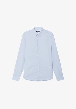 Hellblaues langärmliges Hemd mit Knöpfen, aus gewebter Baumwolle. Verfügt über einen spitzen Kragen, eine Frontblende und eine einzelne Brusttasche.