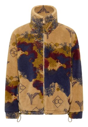 Fleece jack in tan met een meerkleurig abstract patroon in blauw en bordeauxrood. Hoge kraag, ritssluiting, elastische manchetten en een trekkoord onderkant.