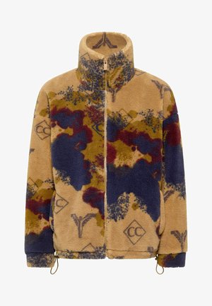 Fleecejacke in Beige mit mehrfarbigem abstraktem Muster in Blau und Burgunderrot. Hoher Kragen, Reißverschluss, elastische Bündchen und Kordelzugsaum.