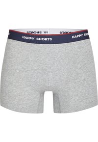 Boxer in cotone grigio con cintura elastica blu navy su cui è stampato in bianco "HAPPY SHORTS". Texture liscia, design a vestibilità regolare.