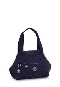 Granatowa torebka wykonana z teksturowanego materiału, z zamykaną na zamek kieszenią, podwójnymi uchwytami i akcentem w postaci srebrnego charmsa. Kompaktowy i usztywniony design.