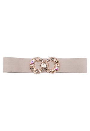 Cintura beige elasticizzata con doppi clasp circolari in tono oro decorati con strass trasparenti e rosa, creando un design testurizzato.
