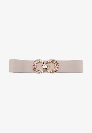 Cintura beige elasticizzata con doppi clasp circolari in tono oro decorati con strass trasparenti e rosa, creando un design testurizzato.