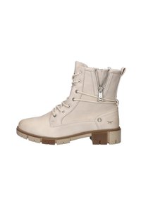 Beige enkellaars met een gladlederen afwerking, vetersluiting aan de voorkant en een ritssluiting aan de zijkant. Chunky hak en profielzool.