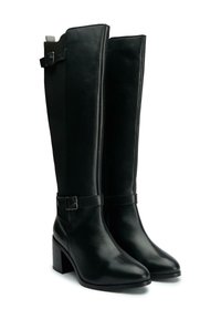 Knee-high black leather boots with a smooth texture, square toe, block heel, and decorative buckle accents on the side.