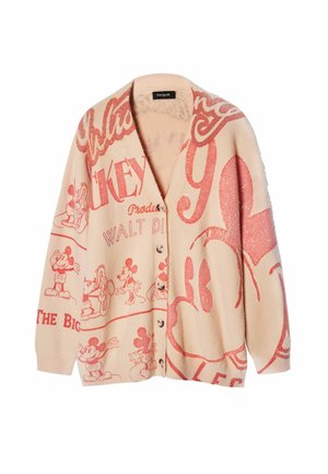 Cardigan beige abotonado con ilustraciones vintage de Mickey Mouse en rojo y texto de Walt Disney impresos por todo el tejido.