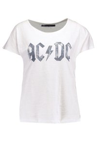 Camiseta de algodón blanca con un gráfico metálico plateado de AC/DC, cuello redondeado y mangas cortas con un ajuste relajado.