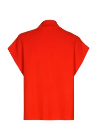 Rotes Strickoberteil mit lockerer Passform, kurzärmlig und mit Kragen. Die Textur ist durchweg glatt und gleichmäßig.