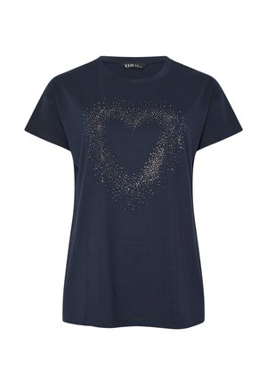 Marineblå kortærmet t-shirt med små sølvnitter, der danner en hjerteform på brystområdet.
