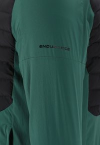 Grön utomhusjacka i ett lättviktigt material, med svarta isolerade sektioner och en diskret "ENDURANCE"-logotyp på bröstet.