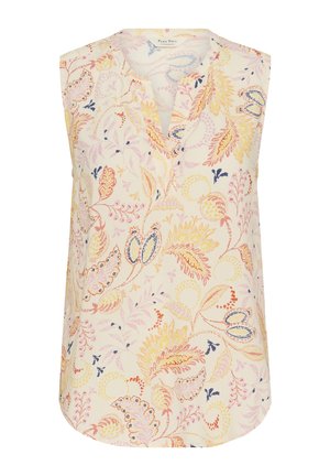 Beżowa bluzka bez rękawów, z wielokolorowymi kwiatowymi wzorami w odcieniach różu, pomarańczu i niebieskiego. Dekolt w kształcie litery V, luźny krój.