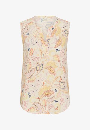 Beżowa bluzka bez rękawów, z wielokolorowymi kwiatowymi wzorami w odcieniach różu, pomarańczu i niebieskiego. Dekolt w kształcie litery V, luźny krój.