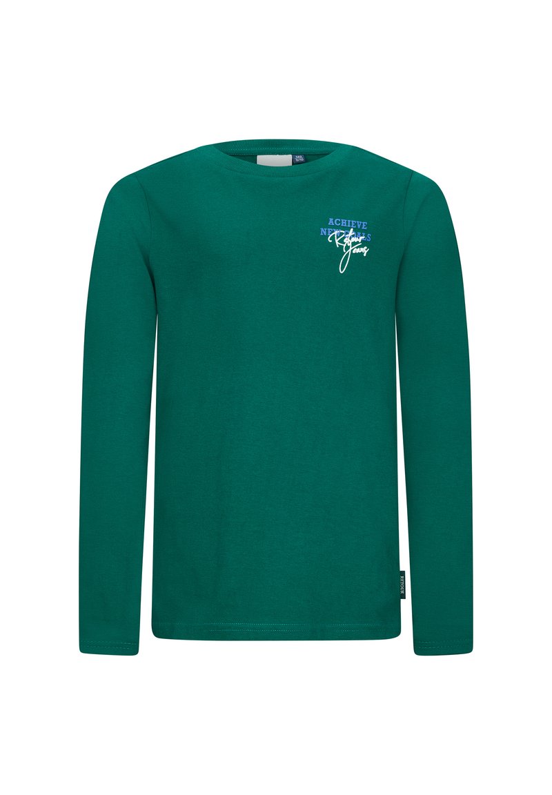T-shirt a maniche lunghe in cotone verde scuro, con scollatura rotonda e design testuale in blu e bianco sul petto.
