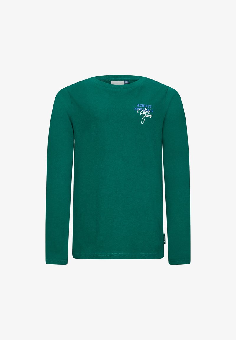 T-shirt a maniche lunghe in cotone verde scuro, con scollatura rotonda e design testuale in blu e bianco sul petto.