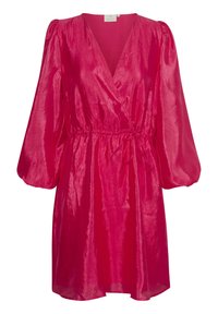 Rochie strălucitoare fucsia, cu decolteu în V, mâneci lungi umflate, talie strânsă și detalii cu fundă pe lateral.