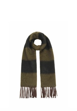 Long, fuzzy scarf with wide horizontal stripes in dark green and black, finished with brown fringes on both ends.