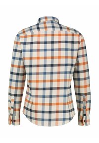 Koszula w kratę z długim rękawem w pomarańczowe, niebieskie i granatowe kwadraty na kremowym tle. Guzikowe mankiety i klasyczny kołnierzyk.
