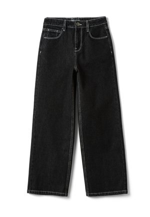 Zwarte wijde jeans met witte stiksels, knoop- en ritssluiting, voor- en achterzakken, plat neergelegd op een witte achtergrond.