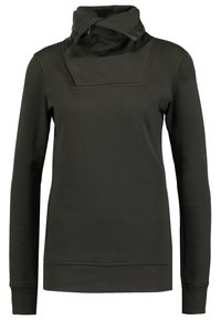 Felpa verde scuro con colletto alto, caratterizzata da un design a taglio quadrato, maniche lunghe e polsini e orlo a coste.