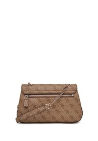 Borsa a tracolla marrone con motivo, dotata di pattina ripiegabile, tracolla a catena e tasca con zip, realizzata in materiale testurizzato con una silhouette elegante.
