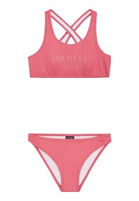 Ružový bikiny set s ribbed textúrou, ktorý obsahuje top s krížovým zadržiavaním a zodpovedajúce nízkopásové spodky, s kontrastnou vnútornou podšívkou a jemným logom.
