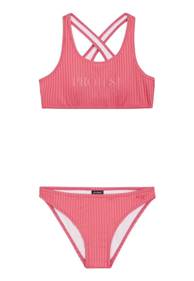 Ružový bikiny set s ribbed textúrou, ktorý obsahuje top s krížovým zadržiavaním a zodpovedajúce nízkopásové spodky, s kontrastnou vnútornou podšívkou a jemným logom.