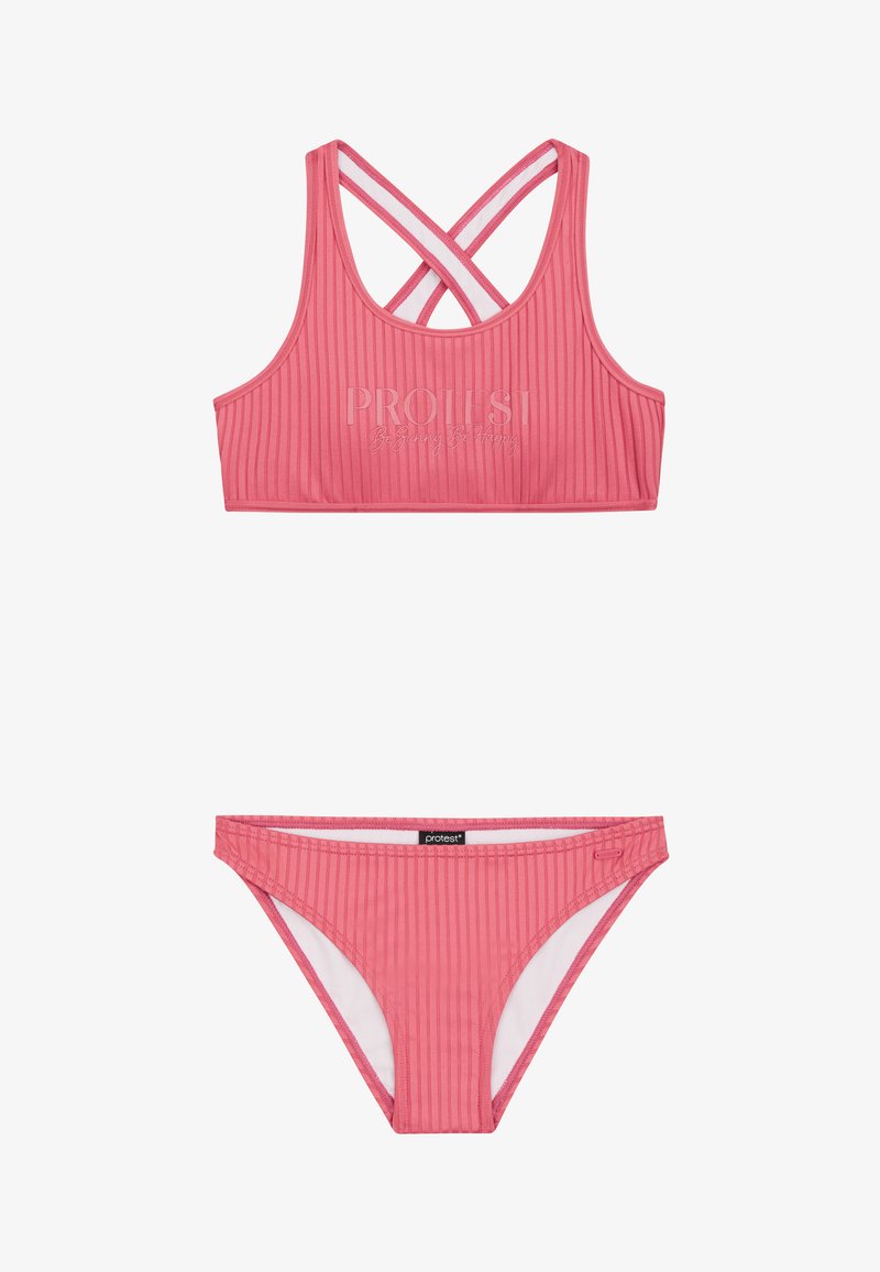 Geribbelde roze bikinitop met een kruisband achter, en bijpassende low-rise bikini-onderkant, met contrasterende voering en subtiele merkinformatie.