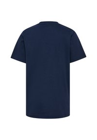 Plain navy blue short-sleeve T-shirt shown from the back with a crew neck on a white background.