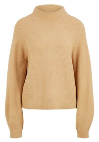 Beżowy sweter wełniany z wysokim kołnierzem, raglanowymi rękawami i teksturowanym wzorem prążkowym. Posiada lekko skróconą długość i luźny krój.